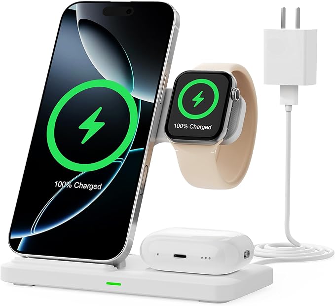 2025 3 in 1 Wireless Charger for iPhone 16 15 14 13 12 11 XR 8, Apple Charging Station for Apple Watch 10/9/Ultra/8/7/SE/6/5/4 & AirPods Series, Wireless Charging Station for Multiple Devices Apple
