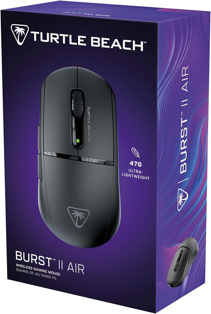 Turtle Beach Burst II Air Wireless Gaming Mouse - 47g Ultra Lightweight, Optical Switches, 26000 DPI Optical Sensor, 120-hour Rechargeable Battery, Symmetrical Design, Bluetooth, USB-C Cable – Black