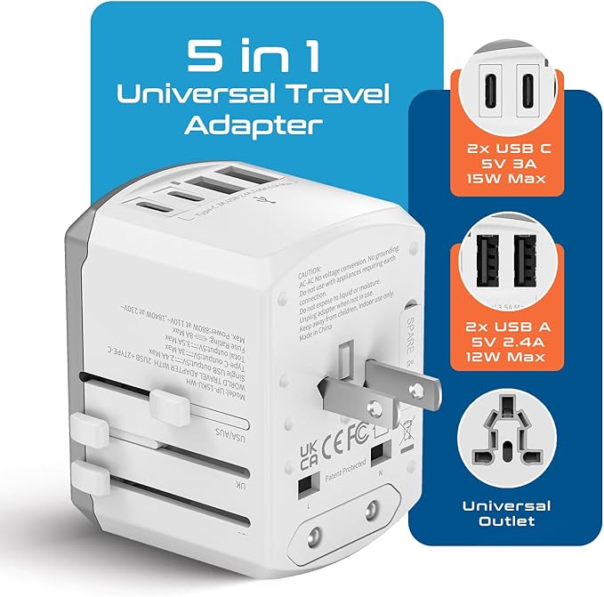Ceptics Universal Travel Adapter 17.5W, 5 in 1 Universal Laptop Charger with 2X USB-A & USB-C 3.5A for Mobiles, Laptops, Cameras US, UK, EU, AU, All in 1 Type A, C, G, I Output, White