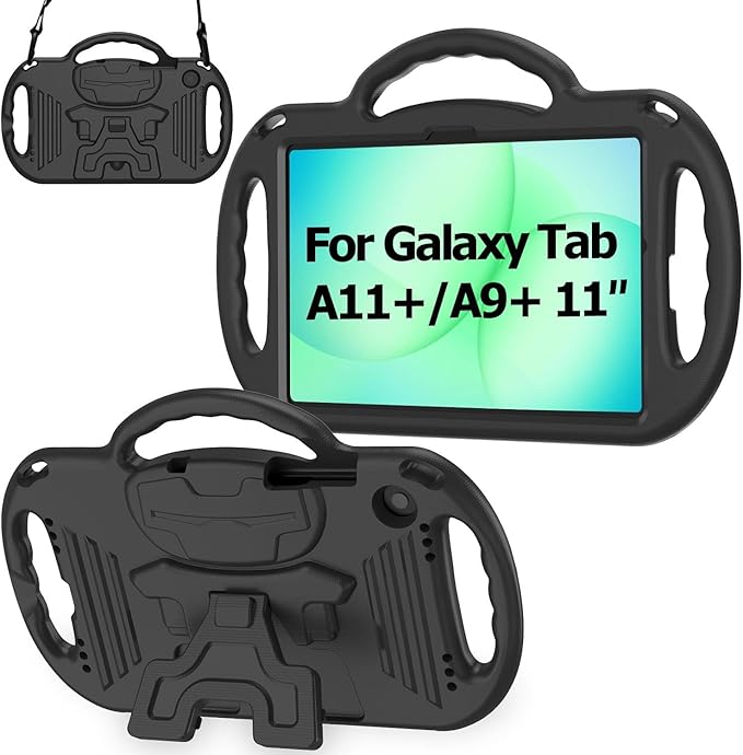 Kids Case for Samsung Galaxy Tab A11+ Plus/A9+ Plus 11 Inch Case with Strap Shockproof Lightweight Handle Stand 2025/2023 Model with Lanyard Black