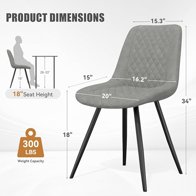 Modern Dining Chairs Set of 2, Top PU Leather Upholstered Dining Room Chairs with Metal Legs, Ergonomic Kitchen Chairs for Kitchen Dinning Room, Grey