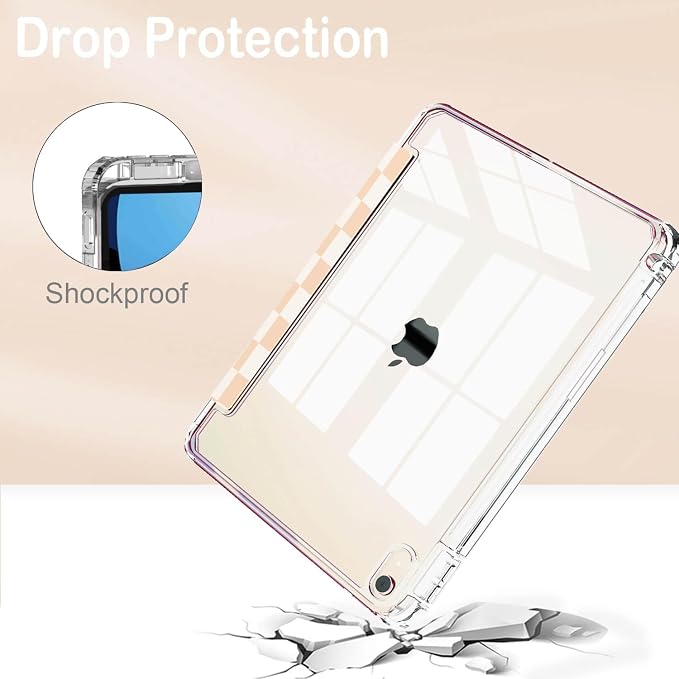 Feams Case for iPad Air 11-inch M4 2026 / M3 2025 / M2 2024 iPad Air 5th/4th Generation 2022/2020 10.9 Inch Y-Fold Standing Case Clear Back with Portrait Stand &amp Pencil Holder Beige Checkered