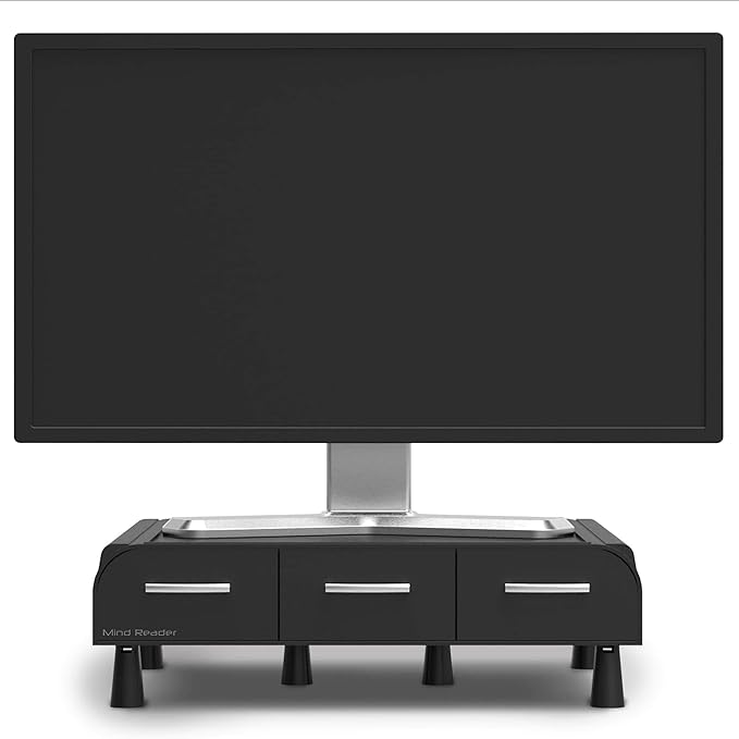 Mind Reader Monitor Stand, Laptop Riser, Desktop Organizer, Storage Drawer, Office, Plastic, 13.5"L x 13"W x 4"H, Black