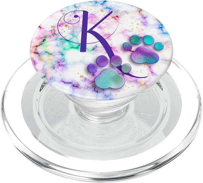 Purple Monogram Letter K Initial Rainbow Cat Dog Paw PopSockets Adhesive PopGrip