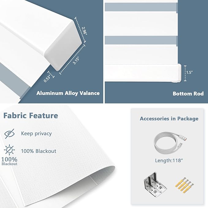 COOLWINDS Motorized Zebra Blinds for Windows Cordless Electric Curtains with Remote Control Blackout Shades Custom Smart Blinds Compatible with Alexa Google Home(Blackout White,W34 X 72in)