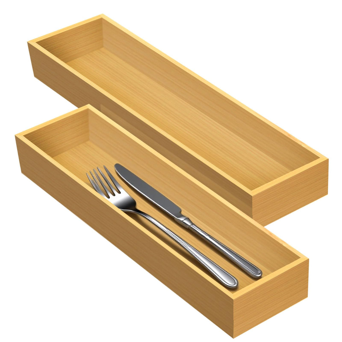 guiogc Bamboo Drawer Organizer, Utensil Organizer for Kitchen, Bamboo Storage Box Wood Silverware Tray for Drawer Set of 2