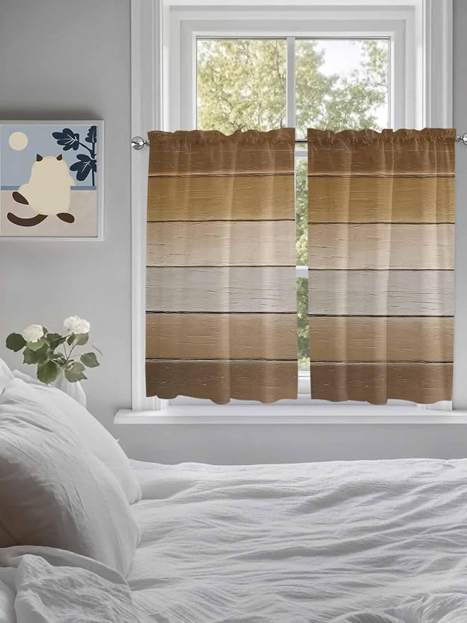 Vintage Brown Gradient Wood Grain Window Valance Curtains, Farmhouse Wood Barn