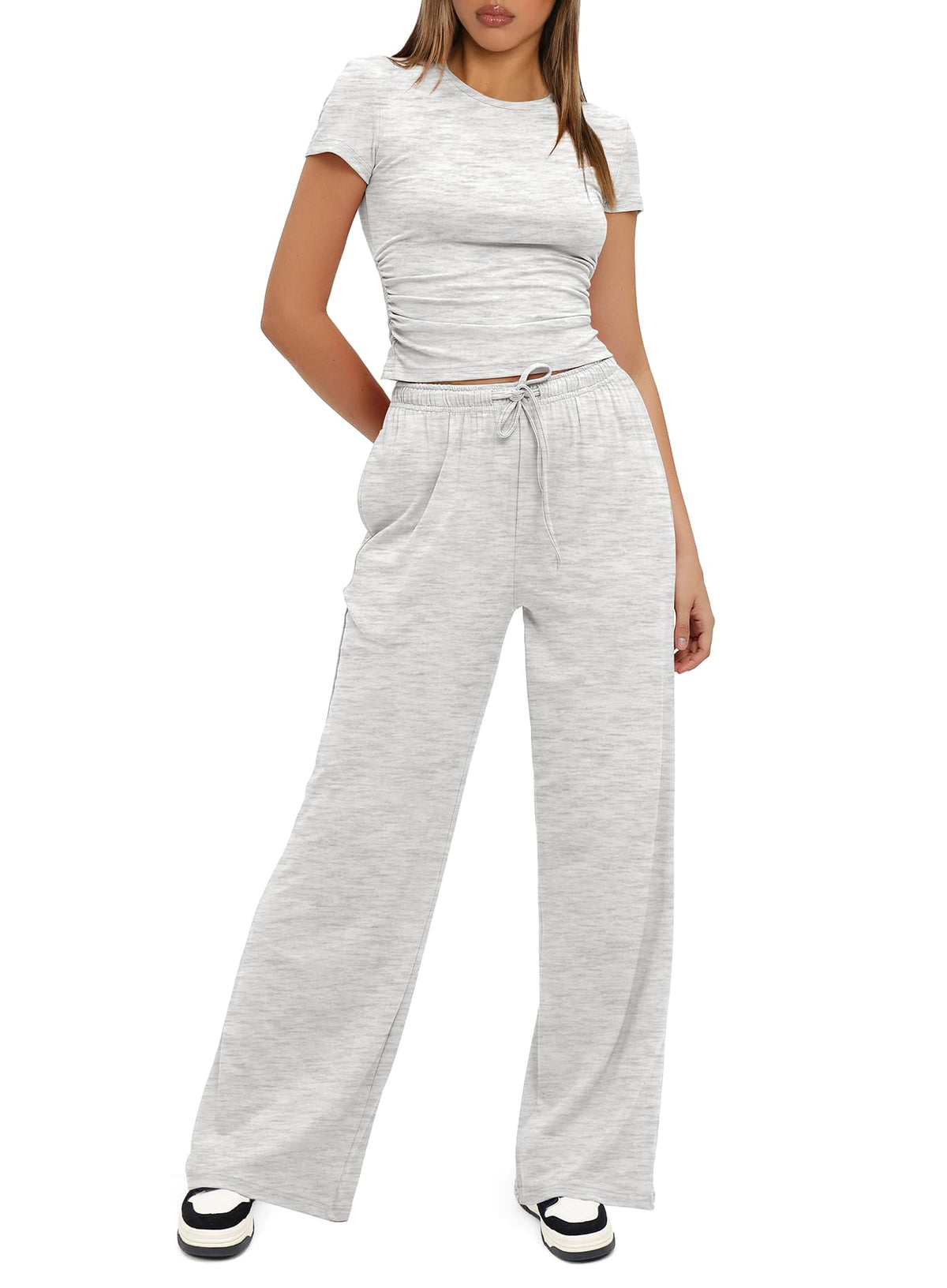 Darong Women's 2 Piece Outfits Short Sleeve Lounge Sets 9042B Light Grey M