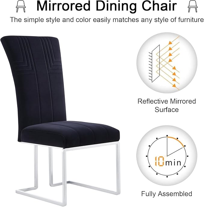 AUZ Dining Chairs Set of 6, Black and Silver Dining Chair with Velvet Upholstery and Mirrored Silver Sled Legs