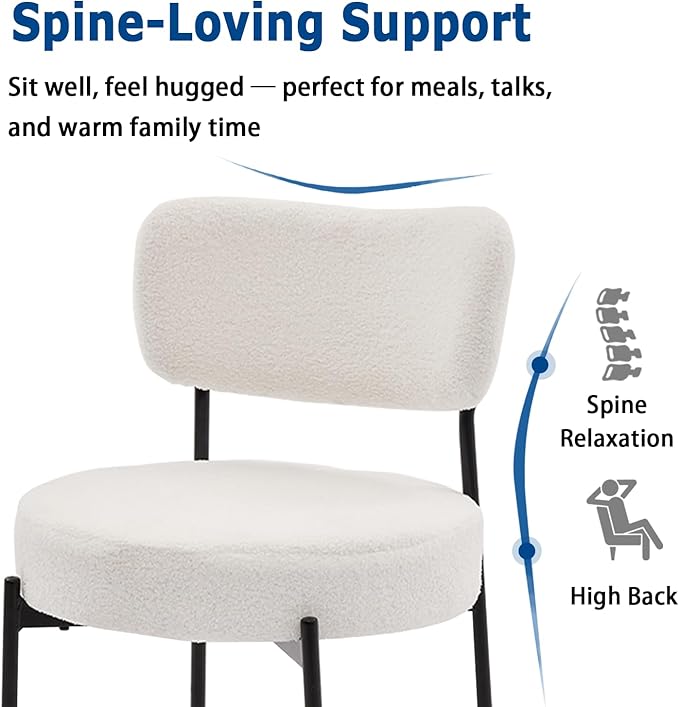 White Boucle Dining Chairs Set of 6, Upholstered Dinner Chair with Metal Frame, Dining Room Chairs with Padded Seat, Round Modern Seating for Living Room