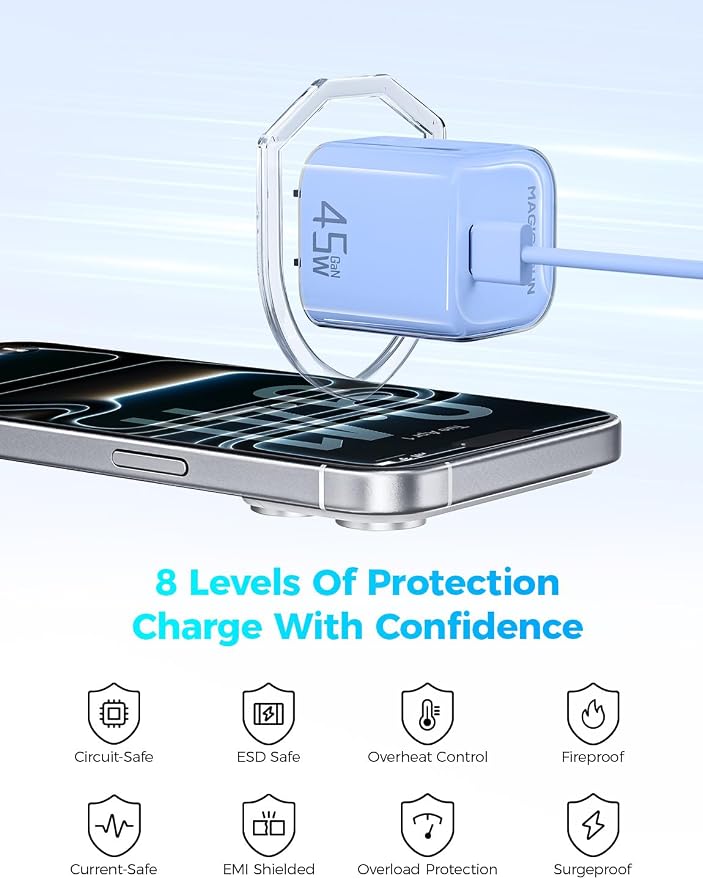 MAGIC JOHN 45W PD USB C Charger Fast Charging Wall Power Adapte Blue | Compact Size Safe PD Fast Charging Stable Power Output Universal for Cell Phones Tablets &amp Light Laptops