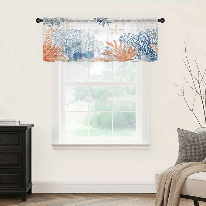 Ocean Corals Sheer Valance Curtains, Summer Beach Coral Sea Stars Light
