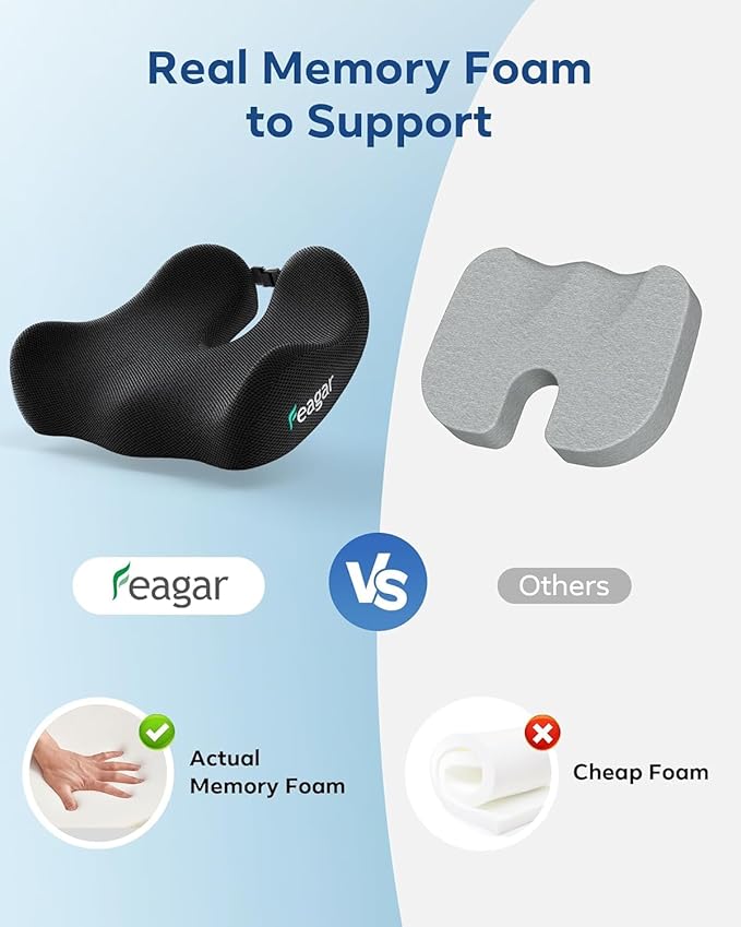 Feagar Office Chair Cushion for Sciatica & Tailbone Pain Relief – Extra Thick Memory Foam Seat Cushion for Long Sitting, Desk Chair & Wheelchair, Non-Slip Bottom, Ideal