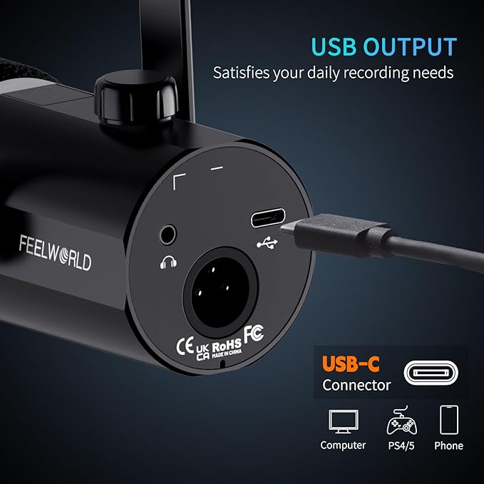 FEELWORLD PM1 XLR USB Dynamic Microphone with Desktop Stand Gifts for Podcast Recording PC Computer Gaming Live Streaming Vocal Voice-Over, Studio Metal Mic, RGB Light, Mute Button, Headphones Jack