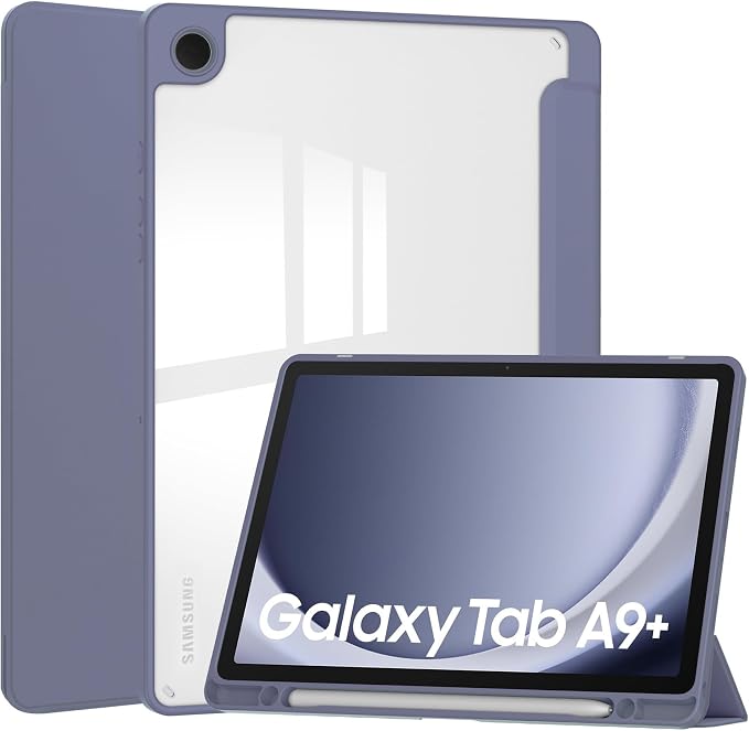 Tablet Case for Samsung Galaxy TAB A9+/A9 Plus with S Pen Holder 360° Swiveling Stand Shockproof Cover with Clear Transparent Back Shell Auto Wake/Sleep (Black Galaxy Tab A9 Plus)