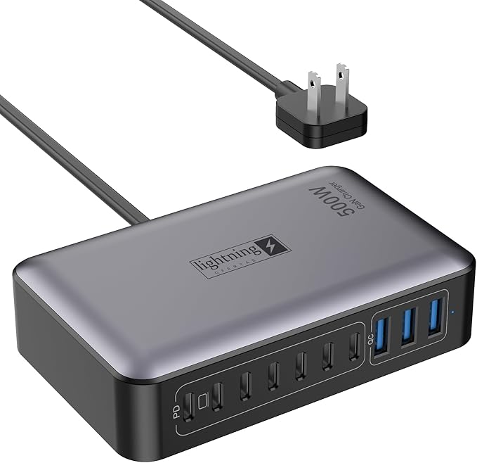 8-Port Multi Charging Stations 200W with Flat Plug Braided Power Cord and On/Off Switch- USB Charging Hub for iPhone iPad MacBook and More- 65W C Port Power Adapter for Laptops
