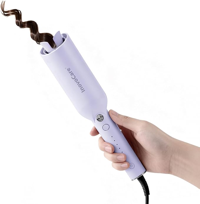 Inovocare Upgraded Automatic Rotating Curling Iron - CurlPro Plus Long Barrel Curling Wand for Long Hair, Ceramic Hair Curler for Women, Anti-Scald, Tangle-Free, 600M Ionic, Dual Voltage (Misty Blue)