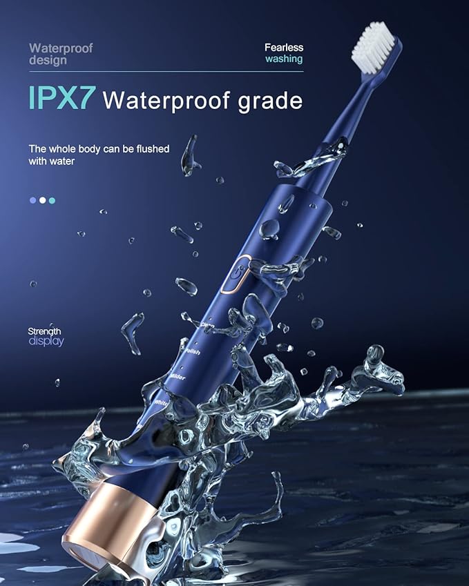 AJELU IPX7 Waterproof Sonicare Electric Toothbrush, 2-Hour Fast Charge with Intelligent Time Reminder, 5 Modes, 8 Brush Heads, Travel, Indoor, Outdoor, Blue