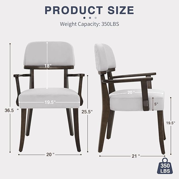 Modern Wood Dining Chairs with Arms Set of 4, Velvet Upholstered Kitchen Chairs with Open Curved Backrest & Black Hardwood Legs, Accent Chairs 350 LBS Capacity, White