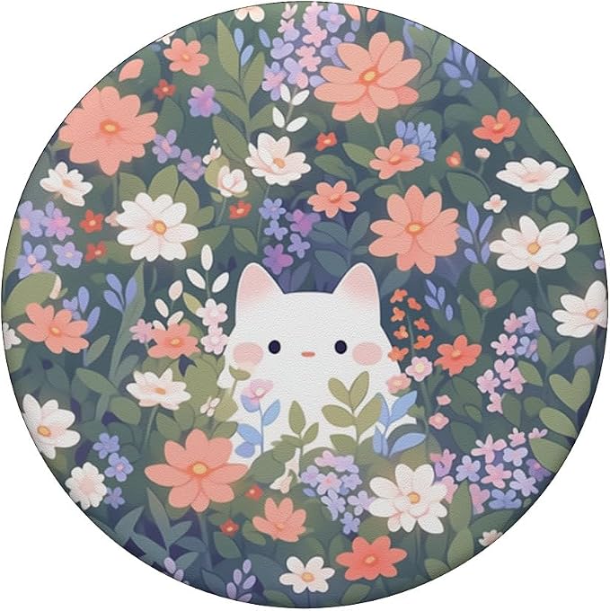 Cute White Cat Hiding in Spring Flowers Botanical Floral PopSockets Adhesive PopGrip