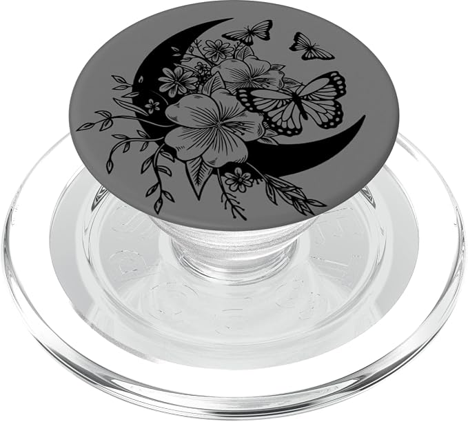 Mid Grey Gray Black Butterfly Crescent Moon Flower PopSockets Adhesive PopGrip