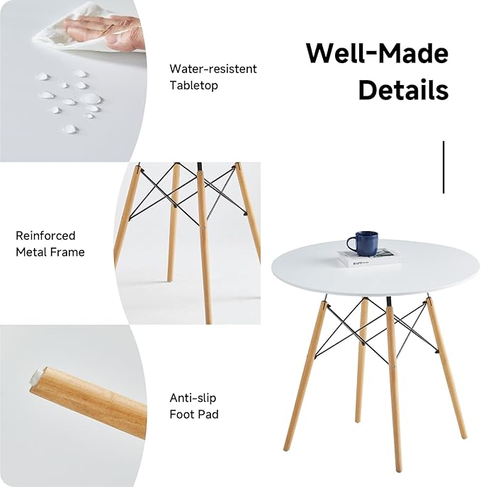 Round Dining Table Set for 4 35.5" Wood Dinner Table Circle Dining Room Table Kitchen Table Chairs Set of 4 with Wood Strip Base for Kitchen Living Room Space Saving Apartment(White)