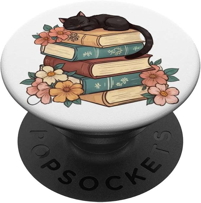 Black Cat Sitting on Books Booktrovert Librarian Bookish PopSockets PopWallet for MagSafe