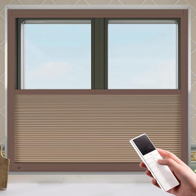 LEXEN Smart Bottom Up Honeycomb Shades - WiFi Enabled Motorized Cellular Blinds Compatible with Alexa/Google Home Easy Install Blackout Honeycomb Blinds with Aluminum Frame Customize Size-Coffee