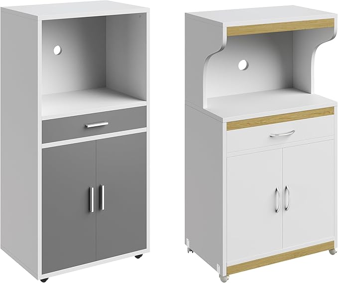Microwave Stand with Storage – Rolling White Cabinet with Doors, Drawer, and Locking Wheels – Freestanding Wood Cart by Lavish Home (White and Oak)