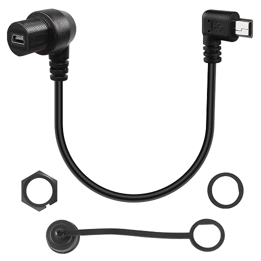 QIANRENON 90 Degree Angle Mini USB Panel Flush Waterproof Extension Cable Mini USB 5 Pin Right Angle Male to Female Panel Mount Cable Threaded to Dashboard or Panel28cm/11in (Down Bend)