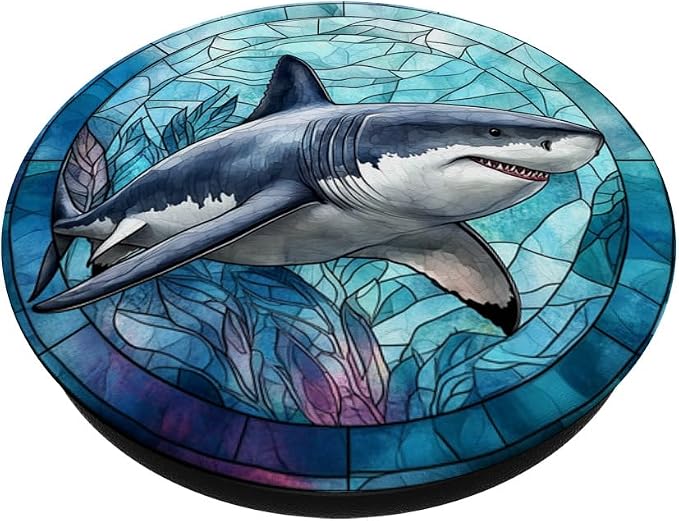 Stained Glass Mosaic Ocean Great White Shark PopSockets Adhesive PopGrip
