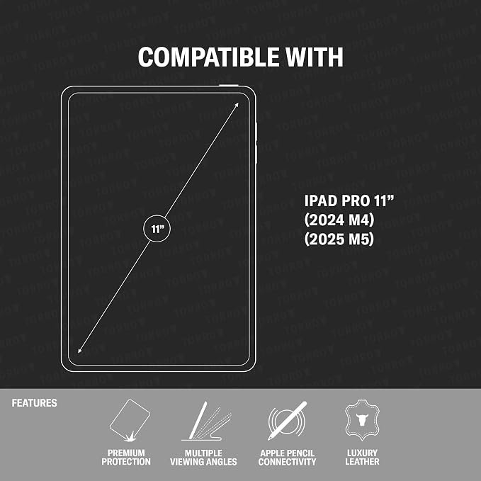TORRO Case Compatible with iPad Pro 11” M5 / M4 (2025/2024) – Premium Leather iPad Pro 11” 2025/2024 Case with Stand Function Apple Pencil Connectivity and Wake/Sleep Function (Black)