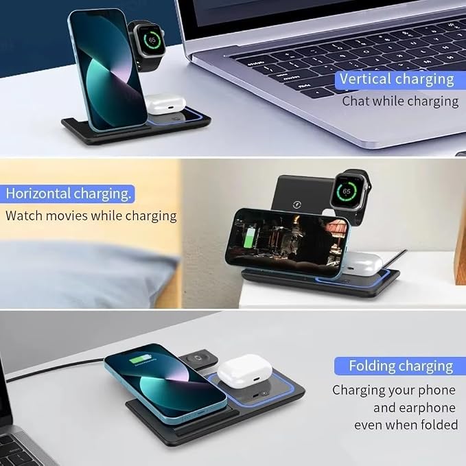 3 in 1 Wireless Travel Charger Stand Foldable Fast Charging Dock for iPhone 17 16 15 14 13 12 Pro Max iWatch S10~2 SE Ultra AirPods 4/3 Pro (White)