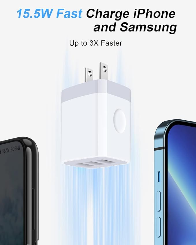 Wall Charger AILKIN 3.1A MultiPort Fast Charger Plug Travel Home Power Adapter Quick Charging Block Base Boxed for iPhone 15 14 13 12 11 10 8 7 Pro Max Mini Samsung Galaxy Pixel Kindle USB Brick