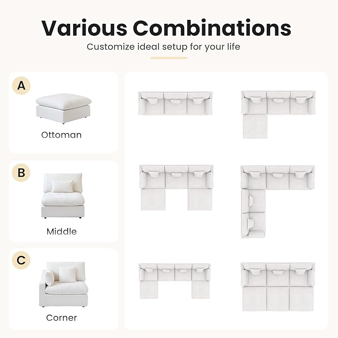 WJShome 83" Cloud Couch Sectional for Living Room, Down Filled Modular Sectional Sofa,L Shaped Sofas with Ottoman,Convertible Couch, Sofa Covers Washable&Replaceable,White