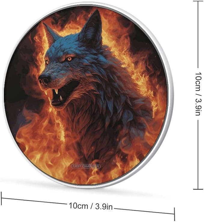 Wolf Surrounded by Fire Wireless Charger with Aluminum Alloy Frame Qi Certified Fast Wireless Charging Pad 10W Charging Station Portable Phone Charger for All Wireless Charging Phone