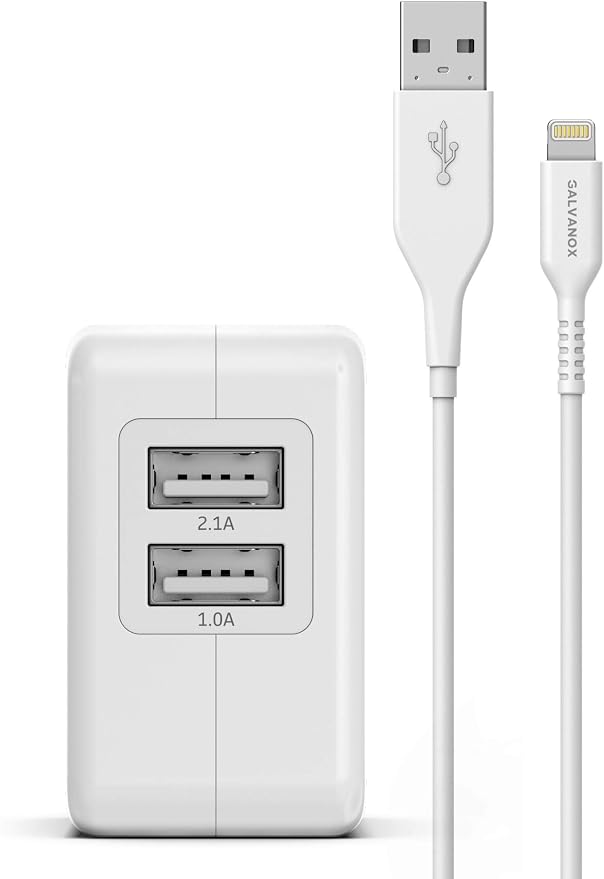Galvanox iPhone Charger - 10W USB Wall Plug with MFi Apple Certified Lightning Cable (Dual Port)