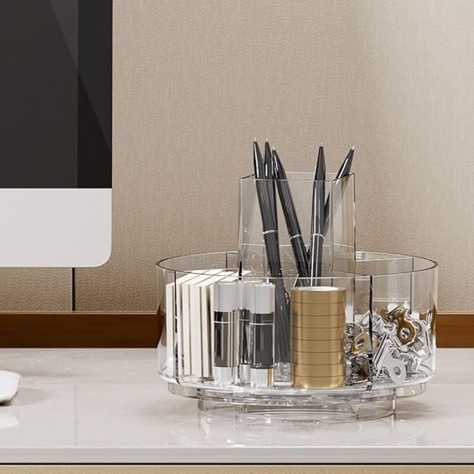 LINFIDITE 360 Rotating Makeup Organizer Clear Cosmetic Storage Holder Tray with 6 Compartment Makeup Brush Lip Gloss Organizer Case for Bathroom Cabinet Vanity Desktop