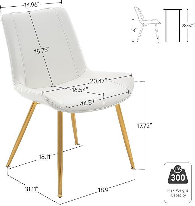 Brage Living Dining Chairs Set of 2, PU Leather Modern Armless Kitchen Dining Room Chairs, Upholstered Accent Side Chairs with Metal Legs (Pearl White, Gold Legs)