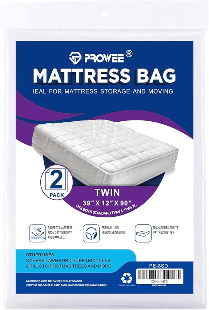 2 PK Twin Mattress Bags for Moving, Waterproof & Tear-Resistant Plastic Mattress Bag for Storage, Disposal & Moving Supplies