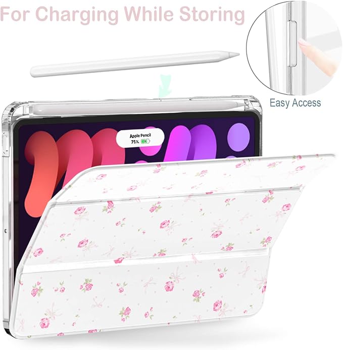 Feams Case for iPad mini 7 A17 Pro 2024/iPad Mini 6 2021 Slim Lightweight Trifold iPad mini 7 A17 Pro Case 8.3 Inch 2024 Clear Back Cover with Pencil Holder &amp Auto Sleep Blue Bow