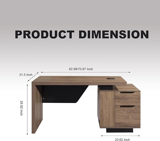 Modern Executive Desk, Rectangle Office Desk with Storage Cabinet, Width Adjustable Desks for Home Office, Business Desk Stand Under Table Storage Organizer, Wood