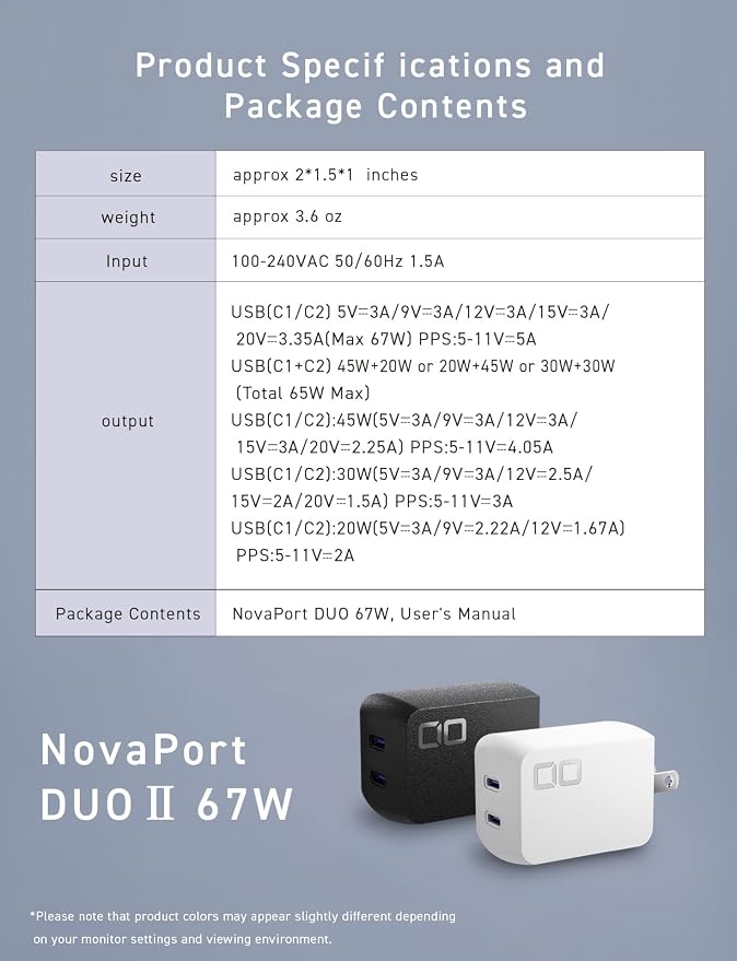 CIO NovaPort Duo II 67W2C Dual USB-C GaN Fast Charge Block (Black) | Compact 2-port fast charging wall adapter 67W max output for laptop phone and tablet