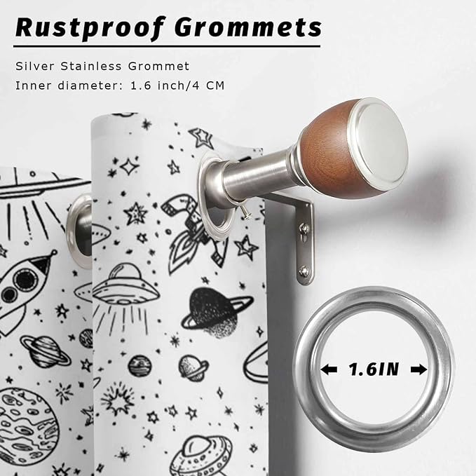 Cartoon Space Outdoor Curtains for Patio Rockets Astronauts Planets Black
