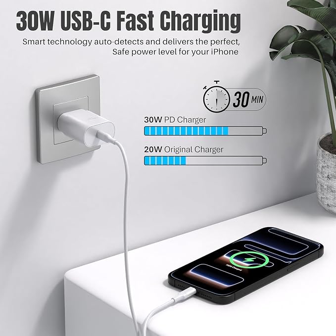 TT&ampC 2-Pack 30W USB C Charger Block Wall Power Adapter for iPhone 171615 | PD 3.0 fast charging Block Compatible with iPhone 17/16/15/14/13 Pro Max series iPad Pro &amp Galaxy S26/S25/S24 (