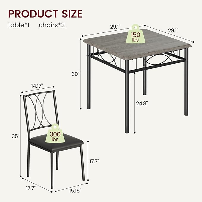 CABIHOME Dining Table Set for 2, 3 Piece Kitchen Table Set with 2 Upholstered Chairs, Square Kitchen Table Set for Small Space, Apartment, Dining Room, Retro Gray