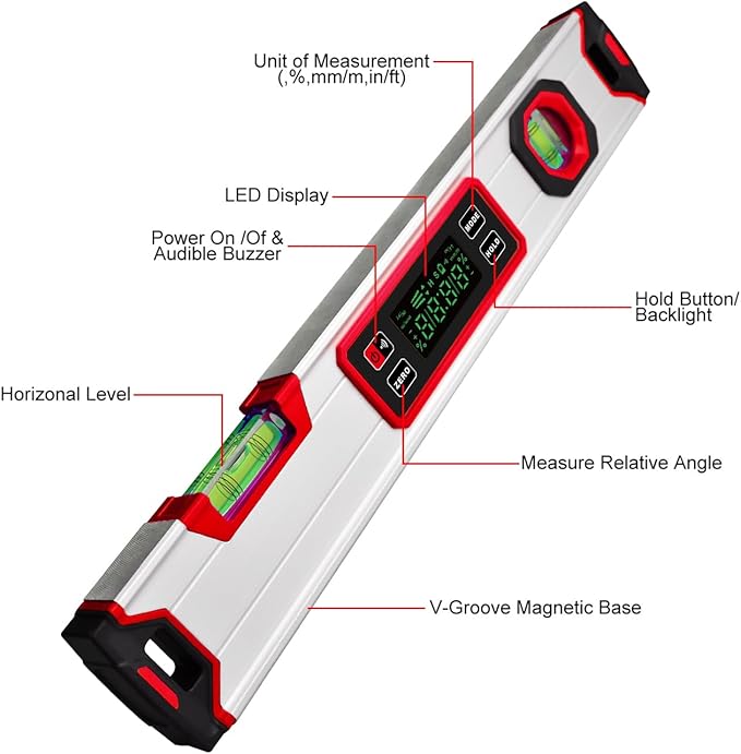 eOUTIL 15.7-Inch Digital Torpedo Level & Angle Finder – IP54 Waterproof Inclinometer with Backlit LCD, V-Groove Magnetic Base, 0.1° Accuracy – for Construction, Woodworking, Metalworking（Red)