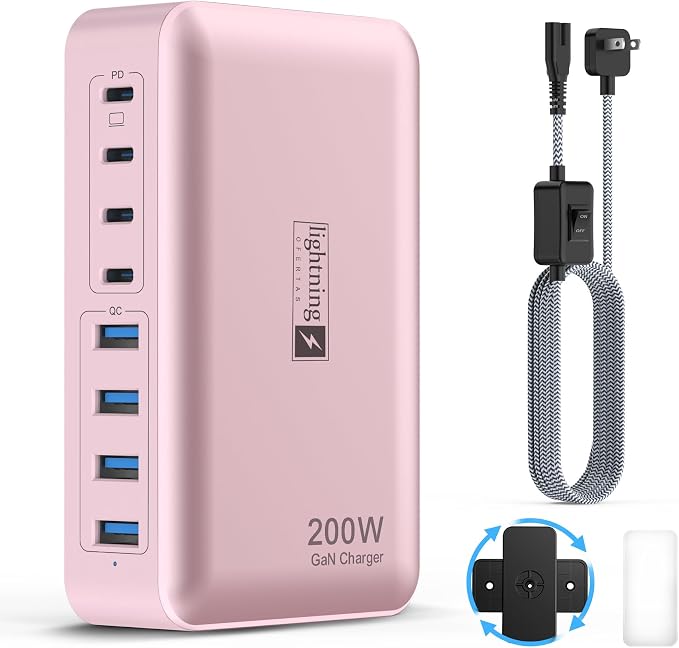 8-Port Multi Charging Stations 200W with Flat Plug Braided Power Cord and On/Off Switch- USB Charging Hub for iPhone iPad MacBook and More- 65W C Port Power Adapter for Laptops
