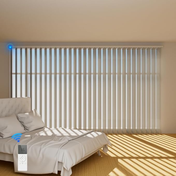 Blindify Motorized Vertical Blinds, Light Filtering Sliding Door Shades Vertical Shades Remote Control Customize, Pure Beige