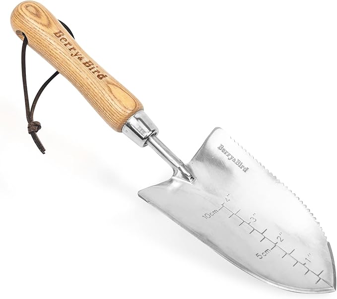 Berry&Bird Garden Serrated Planting Trowel, Multifunctional Shovel with ash Wood and Stainless Steel Digging Trowel Transplanter